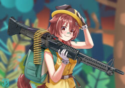 1girl animal_ears artist_name bandaid bandaid_on_face bandaid_on_nose belt_feed blurry brown_eyes brown_hair depth_of_field dog_ears dog_girl dog_tail gloves gun highres hololive inugami_korone jpc looking_at_viewer m60_(machine_gun) machine_gun shirt short_sleeves smile solo tail virtual_youtuber weapon white_gloves yellow_shirt