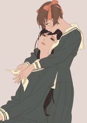 2girls 55bata6rou arms_around_neck black_hair blue_serafuku blue_shirt blue_skirt brown_hair chin_rest fukuzawa_yumi grey_background hair_ribbon head_on_head head_rest highres hug hug_from_behind lillian_girls&#039;_academy_school_uniform long_hair long_sleeves looking_at_another looking_down looking_up maria-sama_ga_miteru multiple_girls ogasawara_sachiko pleated_skirt ribbon sailor_collar school_uniform serafuku shirt short_hair simple_background sitting skirt smile standing twintails white_sailor_collar yuri