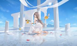 1girl absurdres azur_lane banxuan_c2ka bare_back bare_shoulders barefoot blue_eyes blush bracer breasts choker column dress feet food fortune_(azur_lane) fortune_(seraphic_sunshine)_(azur_lane) from_behind fruit grapes grey_hair hair_between_eyes hair_brush hair_ornament hairclip halo highres kneeling large_breasts looking_at_viewer looking_back manjuu_(azur_lane) non-web_source official_alternate_costume official_art open_mouth petals petals_on_liquid pillar revision see-through_clothes sidelocks skirt_hold soles toes transparent_background water wet wet_clothes white_dress wide_shot