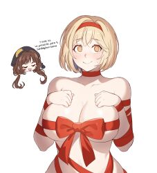 2girls :d @_@ beret blonde_hair blush blush_stickers breasts brown_hair chibi chibi_inset choker cleavage closed_eyes cowboy_shot crying crying_with_eyes_open curvy djeeta_(granblue_fantasy) embarrassed facing_viewer granblue_fantasy hands_on_own_chest hat headband highres huge_breasts multiple_girls naked_ribbon open_mouth orange_eyes raziel_(granblue_fantasy) red_choker red_headband ribbon short_hair sinnitoksi smile spanish_text sweat sweatdrop tears translated twintails white_background