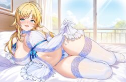 1girl ahoge babydoll bare_shoulders bed blonde_hair blue_eyes blush breasts cleavage covered_erect_nipples elbow_gloves gloves hachimiya_meguru hair_ornament hairclip highres idolmaster idolmaster_shiny_colors large_breasts long_hair looking_at_viewer low_twintails navel open_mouth panties pillow shirokuma_a smile solo thighhighs thighs twintails underwear white_gloves white_panties white_thighhighs