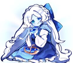1girl basket blue_dress blue_skin colored_skin cookie_run dress heterochromia highres long_hair looking_at_viewer nemo_00822 shadow_milk_cookie shadow_milk_cookie_(female) slit_pupils smile solo very_long_hair white_hair