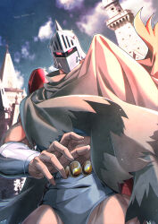 Rule 34 | 1boy, abs, armor, artist request, biceps, cloak, dated, happy birthday, helmet, highres, kinnikuman, large pectorals, looking at viewer, manly, muscular, pectorals, red eyes, robin mask, shaded face, sky, solo, wrestling, wrestling outfit