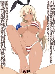 1boy 1girl absurdres american_flag american_flag_bikini american_flag_print annoyed bar_censor bikini blonde_hair breasts censored clothed_female_nude_male feet flag_print flag_print_bikini hair_ornament highres humiliation japanese_text kantai_collection large_breasts long_hair looking_at_viewer middle_finger migikoba netorare nude print_bikini rabbit_hair_ornament shimakaze_(kancolle) small_penis swimsuit tan trample translated