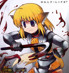 1girl ahoge animal_ears apricot apricot_(yamai) armor blonde_hair blood bodysuit crowbar female_focus fox_ears fox_tail half-life half-life_(series) half-life_2 headcrab holding holding_crowbar original power_armor solo tail weapon yamai_(lsd)