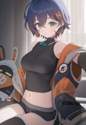 1girl :o ai-assisted bangboo_(zenless_zone_zero) belle_(zenless_zone_zero) black_shorts blue_hair blush breasts crossed_bangs earrings eous_(zenless_zone_zero) green_eyes hair_ornament highres jacket jewelry medium_breasts navel parted_lips poki_(j0ch3fvj6nd) shirt short_hair short_shorts shorts single_thighhigh sitting sleeveless sleeveless_shirt solo thighhighs zenless_zone_zero
