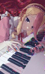 1girl apron blonde_hair closed_mouth collared_dress commentary_request dress frilled_apron frilled_hairband frills glitch hairband highres indie_virtual_youtuber instrument jfjf leaning_forward long_bangs long_hair looking_at_viewer looking_to_the_side music neck_ribbon piano pink_dress pink_hair playing_instrument playing_piano puffy_short_sleeves puffy_sleeves purple_eyes red_background red_hairband red_ribbon ribbon ringlets short_sleeves smile solo tanba_toshio upper_body virtual_youtuber white_apron