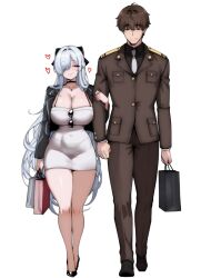 1boy 1girl breasts cinderella_(beautiful_me)_(nikke) cinderella_(nikke) commander_(nikke) covered_navel dongtan_dress dress eyewear_hang full_body goddess_of_victory:_nikke grey_dress heart heart_necklace jamjamstyle jewelry large_breasts meme_attire necklace panties_visible_through_clothes simple_background taut_clothes taut_dress unworn_eyewear white_background