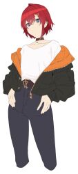 1girl akitetsu ange_katrina belt black_choker blue_eyes choker denim expressionless flat_chest highres jacket looking_at_viewer nijisanji off_shoulder open_clothes open_jacket red_hair shirt short_hair simple_background solo virtual_youtuber white_background white_shirt