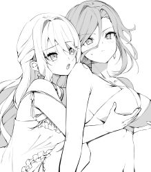 2girls absurdres bikini breasts clorinde_(genshin_impact) closed_mouth collarbone earrings esumisu genshin_impact grabbing_another&#039;s_breast grabbing_from_behind greyscale groping hair_between_eyes highres jewelry large_breasts monochrome multiple_girls navel navia_(genshin_impact) open_mouth shirt sketch sleeveless sleeveless_shirt sweatdrop swimsuit upper_body