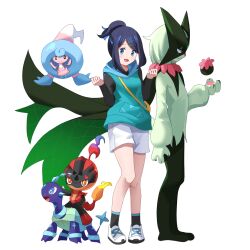 1girl :d bag black_hair black_shirt black_socks blue_eyes charcadet commentary gen_8_pokemon hair_ornament hairclip hands_up hattrem highres hood hooded_vest hoodie knees liko_(pokemon) meowscarada nintendo open_mouth pigeon-toed pokemon pokemon_(anime) pokemon_(creature) pokemon_horizons ponytail shirt shoes short_ponytail shorts shoulder_bag simple_background smile socks standing terapagos user_hyhd3258 vest white_background white_shoes white_shorts yellow_bag