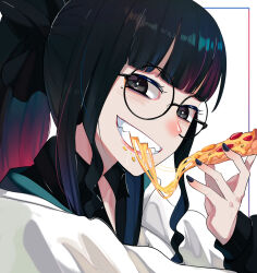 1girl artemis_of_the_blue atelier_live black_eyes black_hair black_nails blunt_bangs cheese cheese_trail collared_shirt food glasses hair_ribbon hexaclock highres hood hood_down hoodie looking_at_viewer mole mole_under_eye pizza ponytail ribbon round_eyewear shark_girl sharp_teeth shirt solo teeth upper_body virtual_youtuber wavy_sidelocks white_hoodie