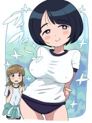 2girls arms_behind_back black_hair blue_buruma blush_stickers breasts brown_hair buruma commentary_request covered_erect_nipples cropped_legs gundam gundam_gquuuuuux gym highres ketsumoa large_breasts mature_female multiple_girls shiiko_sugai shirt short_hair smile sportswear standing sweat white_shirt