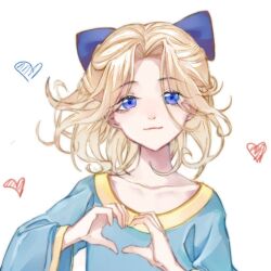 1boy aged_down androgynous axis_powers_hetalia blonde_hair blue_eyes blue_tunic child france_(hetalia) hair_ribbon heart heart_hands long_sleeves looking_at_viewer male_focus medium_hair qiuyang523 ribbon simple_background smile solo trap tunic upper_body white_background