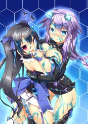 10s 2girls ass black_hair blue_eyes blush bodysuit braid breast_press breasts cleavage cleavage_cutout clothing_cutout hair_ornament highres karasu10gu large_breasts long_hair looking_at_viewer multiple_girls neptune_(neptunia) neptune_(series) noire_(neptunia) panties purple_hair purple_heart_(neptunia) red_eyes sexually_suggestive slime_(substance) symbol-shaped_pupils symmetrical_docking tears thighhighs twin_braids twintails underwear wam