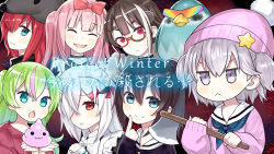 6+girls :&lt; :3 :d :o ^_^ absurdres animal animal_hat apron axe barcode barcode_tattoo beanie bird black_dress black_hair black_shirt blue_eyes blue_neckerchief blush bow capriccio character_request chestnut_mouth closed_eyes closed_mouth commentary_request copyright_name dress eyebrows_hidden_by_hair frilled_apron frills green_hair grey_eyes grey_headwear hair_between_eyes hair_bow hair_ornament hair_over_one_eye hairclip hand_up hands_up hat hat_ornament highres holding holding_axe index_finger_raised kapu_rinko long_sleeves maid maid_apron maid_headdress multicolored_hair multiple_girls neckerchief open_mouth original parted_lips pink_hair pink_headwear pink_sweater poop project_winter red-framed_eyewear red_bow red_eyes red_hair red_shirt sailor_collar school_uniform semi-rimless_eyewear serafuku shirt sleeves_past_wrists smile star_(symbol) star_hat_ornament streaked_hair sunglasses sweater tattoo translation_request two_side_up under-rim_eyewear v-shaped_eyebrows virtual_youtuber white_apron white_hair white_sailor_collar
