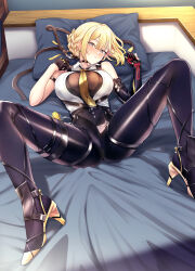 Rule 34 | 1girl, amagasa ikuta, bare shoulders, bed, black gloves, black pants, blonde hair, blush, breasts, chest harness, choker, collared shirt, earrings, elbow gloves, evelyn chevalier, gloves, hair ornament, harness, high-waist pants, high heels, highres, jewelry, large breasts, looking at viewer, lying, medium hair, necktie, on back, pants, pillow, purple eyes, shirt, sleeveless, sleeveless shirt, solo, spread legs, tight clothes, tight pants, white shirt, zenless zone zero
