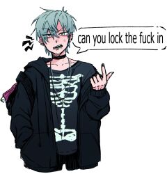 1boy alien_stage anger_vein bag black_choker black_hoodie black_nails black_shirt can_you_lock_the_fuck_in_(meme) choker commentary cross cross_necklace ear_piercing earrings english_commentary english_text green_eyes grey_hair highres hood hoodie index_finger_raised jewelry lip_piercing male_focus meme necklace open_clothes open_hoodie open_mouth piercing shinumeru shirt simple_background skeleton_print solo speech_bubble till_(alien_stage) white_background