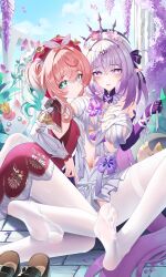 2girls absurdres aqua_eyes aqua_hair bare_shoulders black_shoes black_tiara blush breasts castorice_(honkai:_star_rail) chinese_commentary closed_mouth collarbone commentary_request day dorsiflexion dress drill_hair feet flower foot_focus foot_out_of_frame gloves hair_between_eyes hair_flower hair_ornament hat highres honkai:_star_rail honkai_(series) hyacine_(honkai:_star_rail) jndfh large_breasts legs long_hair long_sleeves looking_at_viewer medium_breasts multiple_girls navel no_shoes outdoors pantyhose parted_lips pink_hair pointy_ears purple_eyes purple_flower purple_gloves purple_hair red_dress red_hat shoes smile soles spread_toes star_(symbol) star_in_eye stomach symbol_in_eye tiara toes twin_drills unworn_shoes variant_set very_long_hair white_pantyhose