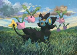 Rule 34 | animal focus, blue sky, closed mouth, cloud, colored sclera, commentary, fangs, field, floating, gen 2 pokemon, gen 4 pokemon, highres, hoppip, light particles, looking at another, luxray, nintendo, no humans, open mouth, orange sclera, outdoors, pokemon, pokemon (creature), sky, smile, solid circle eyes, symbol-only commentary, volpecorvo, yellow eyes