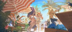 2boys 6+girls :o absurdres animal_ears artist_name artist_request au_ra bare_shoulders beach beach_chair bead_bracelet beads bikini bikini_top_only black_hair black_male_swimwear black_swim_trunks blonde_hair blue_eyes blue_sky bomb_(final_fantasy) bracelet brown_hair cat_ears cat_girl cat_tail cloud cosmetics crate criss-cross_halter crossed_legs day dragon_girl dragon_horns dragon_tail eyewear_on_head facial_mark final_fantasy final_fantasy_xiv floral_print flower flower_wreath food frilled_bikini frills fruit green_eyes green_male_swimwear green_sarong green_swim_trunks grin hair_flower hair_ornament halterneck hands_on_own_thighs head_wreath heterochromia highres holding holding_water_gun horns hyur jewelry lalafell leaf leaning_forward long_hair lying male_swimwear midriff miqo&#039;te multiple_boys multiple_girls nail_polish_bottle navel necklace on_side open_mouth orange_hair otter outdoors outstretched_arm palm_tree parasol pointy_ears purple_hair purple_sarong rabbit_ears red_eyes sandals sarong scales short_hair sitting skirt_basket sky smile summer sunglasses swim_trunks swimsuit tail toned toned_male topless_male tree umbrella viera warrior_of_light_(ff14) water_gun white_bikini white_footwear yuzaiii