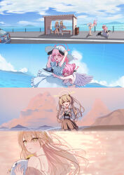Rule 34 | 4girls, alternate costume, alternate hairstyle, angel wings, beach, bird kim, black cat, black wings, blonde hair, blue archive, blue sky, brown skirt, bus stop, car, cat, cloud, commentary, denim, denim shorts, dress, embarrassed, english commentary, feathered wings, hat, heart, hifumi (blue archive), highres, koharu (blue archive), looking at another, mika (blue archive), motor vehicle, mountainous horizon, multiple girls, nagisa (blue archive), ocean, open mouth, outdoors, peroro (blue archive), pink eyes, pink hair, road, sand, sandals, shirt, shorts, skirt, sky, smile, sun hat, sundress, suspender skirt, suspenders, twintails, water, white dress, white hat, white shirt, white wings, wings, yellow eyes