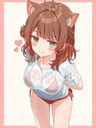1girl absurdres ahoge animal_ear_fluff animal_ears arms_behind_back bikini blunt_bangs blush border breasts brown_eyes brown_hair cat_ears commentary feet_out_of_frame from_above gakuen_idolmaster grid_background hair_bun half_updo hanami_ume heart highres hiyoko_neneko idolmaster kemonomimi_mode large_breasts looking_at_viewer medium_hair official_alternate_costume outline outside_border pink_border red_bikini see-through_clothes see-through_shirt shirt short_sleeves side-tie_bikini_bottom simple_background single_side_bun smile solo sweatdrop swimsuit wet wet_clothes wet_shirt white_background white_outline white_shirt