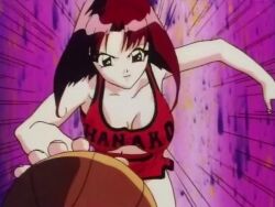 Rule 34 | animated, ball, basketball (object), basketball shorts, bouncing breasts, breasts, determined, dribbling (basketball), hasegawa hanako (haunted junction), haunted junction, jersey, large breasts, midriff, navel, red hair, red shirt, red shorts, shirt, shorts, smile, sound, tagme, video