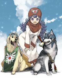 1girl 2boys :d animalization cape dog dragon_quest dragon_quest_ii goggles goggles_on_headwear golden_retriever green_tabard husky long_hair multiple_boys muramasa_mikado open_mouth orange_cape prince_of_lorasia prince_of_samantoria princess princess_of_moonbrook purple_hair robe smile sword tabard tongue tongue_out weapon white_robe
