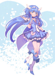 1girl aoki_reika blue_background blue_bow blue_bowtie blue_choker blue_eyes blue_hair blue_shirt blue_shorts blue_skirt blue_theme blue_wrist_cuffs boots bow bowtie brooch choker closed_mouth coattails commentary cure_beauty dot_nose feather_sleeves footwear_bow frilled_skirt frills full_body hair_ornament hair_tubes hand_up happy high_heel_boots high_heels jewelry knee_boots knees leg_up light_blush long_hair long_sidelocks looking_at_viewer magical_girl miniskirt outline pleated_skirt precure serizawa_serizane shirt short_sleeves shorts shorts_under_skirt sidelocks skirt skirt_set smile smile_precure! solo standing tareme tiara twitter_username two-tone_background very_long_hair white_background white_boots white_outline white_sleeves wing_hair_ornament wrist_cuffs