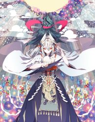 1girl 2boys back-to-back bad_id bad_pixiv_id blue_hair creatures_(company) facing_away game_freak gen_1_pokemon gen_6_pokemon hair_ornament hair_ribbon hand_fan highres holding holding_fan long_hair looking_at_viewer malamar multicolored_hair multiple_boys ninetales nintendo pale_skin personification pokemon red_eyes ribbon standing suana white_hair wide_sleeves