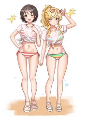 2girls absurdres bikini blonde_hair blue_eyes blush breasts brown_hair collarbone commission eyewear_on_head full_body green_eyes hand_on_own_hip harada_miyo highres idolmaster idolmaster_cinderella_girls long_hair looking_at_viewer medium_breasts multiple_girls navel niban_(puka_0507) ohtsuki_yui one_eye_closed open_mouth pixiv_commission ponytail rainbow_bikini red_bikini see-through_clothes see-through_shirt shirt shoes short_hair side-tie_bikini_bottom striped_bikini striped_clothes sunglasses swimsuit thighs tied_shirt wavy_hair wavy_sidelocks white_bikini white_shirt white_shoes