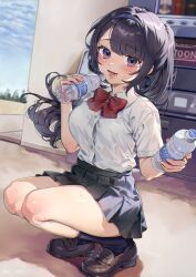 1girl black_hair black_shoes bow collared_shirt loafers original outdoors parted_bangs pleated_skirt purple_eyes red_bow shinima shirt shoes skirt sports_drink squatting uniform