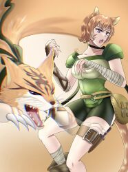 1girl animal_ears belt cat cat_ears cat_girl cat_tail choker claws collar dual_persona facepaint facial_mark fangs fire_emblem fire_emblem:_path_of_radiance fire_emblem:_radiant_dawn green_choker green_shorts hand_wraps highres knife_sheath leg_belt lethe_(fire_emblem) nintendo o-ring o-ring_belt open_mouth orange_hair orange_tail ponpoko89 purple_eyes sheath shorts side_slit side_slit_shorts tail whisker_markings wrist_wrap