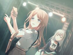 2girls bang_dream! bang_dream!_it&#039;s_mygo!!!!! bass_guitar blue_dress blue_eyes brown_hair cellphone closed_mouth crying crying_with_eyes_open dress electric_guitar game_cg green_hair guitar hair_ornament hairclip holding holding_phone instrument light_particles long_hair long_sleeves multiple_girls nagasaki_soyo official_art open_mouth phone plaid_clothes plaid_dress shirt short_sleeves sidelocks smartphone stage_lights tears third-party_source wakaba_mutsumi white_shirt yellow_eyes