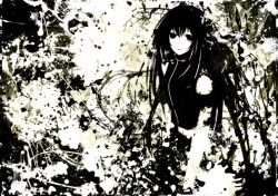 1girl abstract_background album_cover black_eyes black_hair black_shirt cover long_hair megurine_luka ruuya_higashino shirt short_sleeves solo splatter very_long_hair vocaloid