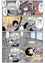 &gt;_&lt; 1boy 4girls 4koma anger_vein animal_ear_fluff animal_ears bag bird_ears bird_wings black_hair blue_bow blush bow brown_dress brown_hair brown_headwear cape card chibi closed_mouth collared_shirt comic commentary_request cup dress eighth_note frying_pan glasses grey_hair hair_between_eyes hair_bow hat hidefu_kitayan highres holding imaizumi_kagerou long_hair long_sleeves morichika_rinnosuke motion_lines multiple_girls musical_note mystia_lorelei open_mouth pink_hair plastic_bag playing_card red_cape red_eyes red_hair red_headwear sekibanki shameimaru_aya shirt short_hair short_sleeves sleeve_garter speech_bubble teacup thought_bubble tokin_hat touhou translation_request triangle_mouth white_dress white_shirt white_wings window winged_hat wings wolf_ears yunomi