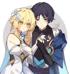 Rule 34 | 1boy, 1girl, aqua gemstone, arm cutout, bare shoulders, belt, black belt, black bodysuit, black bow, black hair, blonde hair, blue cape, blue flower, blue kimono, blue trim, blunt ends, blush, bodysuit, bow, breasts, cape, closed mouth, detached sleeves, dress, eyeliner, eyeshadow, fingernails, flower, gem, genshin impact, gold, hair between eyes, hair flower, hair ornament, halterneck, hand on another&#039;s neck, highres, holding another&#039;s wrist, japanese clothes, juban, kimono, looking at viewer, lumine (genshin impact), makeup, mandarin collar, medium breasts, multicolored flower, open clothes, open kimono, parted bangs, purple eyes, purple sash, red eyeliner, red eyeshadow, reido 0723, sash, scaramouche (genshin impact), scarf, short hair, short hair with long locks, shoulder peek, sidelocks, simple background, squiggle, sweatdrop, tsurime, vambraces, vision (genshin impact), wanderer (genshin impact), white dress, white flower, white kimono, white scarf, yellow eyes