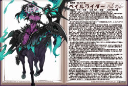 Rule 34 | 1girl, aqua hair, armor, armored boots, black sclera, bodysuit, boots, breasts, character profile, colored sclera, colored skin, covered navel, full body, gauntlets, grey hair, headpiece, high heel boots, high heels, horse, horseback riding, impossible bodysuit, impossible clothes, kenkou cross, knee boots, large breasts, looking at viewer, monster girl, monster girl encyclopedia, pale rider (monster girl encyclopedia), purple bodysuit, purple skin, riding, scythe, short hair, skin tight, solo, spikes, text focus, tongue, tongue out, translation request, undead, weapon