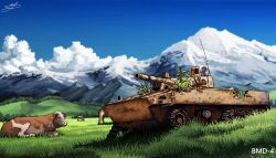 abandoned blue_sky bmd-4 cloud cow grass hans_(pixiv_37537768) highres landscape meadow military_vehicle motor_vehicle mountain mountainous_horizon no_humans original scenery signature sky wreckage
