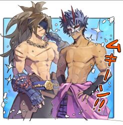 2boys abs belt black_gloves blue_background blue_hair border brown_hair commentary_request cowboy_shot eye_mask eyepatch gauntlets gloves highres horns jewelry kai_(rune_factory) long_hair male_focus multiple_boys murasame_(rune_factory) muscular muscular_male navel necklace outside_border pectorals ponytail red_horns rune_factory rune_factory:_guardians_of_azuma scar scar_on_arm scar_on_chest scar_on_face smile sorao_(rkrnsarabaneko) sparkle standing topless_male translation_request white_border