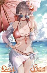 1girl bikini brown_hair cameltoe character_name criss-cross_strings flower goddess_of_victory:_nikke highres navel net official_alternate_costume oil-paper_umbrella pinjirooo red_bikini red_eyes red_flower sakura_(bloom_in_summer)_(nikke) sakura_(nikke) solo sunglasses swimsuit umbrella