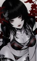 1girl arm_belt belt black_bra black_eyes black_hair black_panties blunt_bangs bra breast_tattoo breasts bug butterfly collarbone_piercing commentary cross cross_necklace dragon_tattoo eyeshadow floral_background hair_over_breasts highres hime_cut insect jewelry lace lace-trimmed_bra lace_trim large_breasts leg_tattoo lingerie lip_piercing lips long_hair looking_at_viewer makeup mole mole_on_breast mole_under_eye mole_under_mouth muted_color navel_piercing necklace original pale_skin panties piercing red_eyeshadow red_lips satsuki_kei solo stomach symbol-only_commentary tattoo thick_thighs thigh_belt thigh_strap thighs underwear