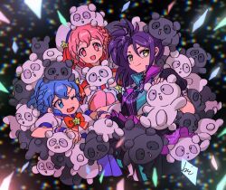 1boy 2girls :d black_background blue_eyes blue_hair braid brother_and_sister buried closed_mouth commentary_request dorothy_west hat idol_clothes knees_up long_hair looking_at_viewer mole mole_under_eye multiple_girls one_eye_closed open_mouth pink_eyes pink_hair pretty_series pripara puffy_short_sleeves puffy_sleeves purple_hair reona_west rituyama1 sailor_hat shirt short_hair short_sleeves siblings side_braid side_ponytail sitting smile stuffed_animal stuffed_toy teddy_bear too_many toudou_shion trap twins white_hat white_shirt yellow_eyes