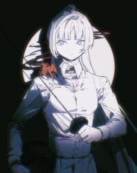 Rule 34 | 1girl, black background, blue eyes, circle, closed mouth, collared shirt, dikke, expressionless, fencing, foil (fencing), highres, long hair, long sleeves, ponytail, reverse:1999, ringed eyes, shadow, shirt, solo, upper body, vest, white hair, white shirt, white vest, zhizhizi