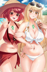 Rule 34 | 2girls, artist name, beach, bikini, blonde hair, blue eyes, blush, bow, breasts, chest jewel, cleavage, closed mouth, cloud, cloudy sky, core crystal (xenoblade), cowboy shot, cup, day, disposable cup, eyewear on head, front-tie bikini top, front-tie top, hand up, hat, highres, holding, large breasts, long hair, looking at viewer, multiple girls, mythra (xenoblade), navel, open mouth, outdoors, owloo art, pyra (xenoblade), red bikini, red bow, red eyes, red hair, skindentation, sky, smile, stomach, straw hat, sunglasses, swept bangs, swimsuit, thighs, very long hair, white bikini, xenoblade chronicles (series), xenoblade chronicles 2, yellow eyes