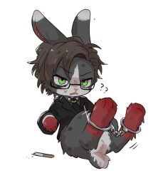 1boy ? ?? animalization black_fur brown_hair cigarette collared_shirt cuffs full_body furrowed_brow green_eyes handcuffs highres hypnosis_mic iruma_jyuto jacket necktie parted_bangs rabbit shirt short_hair simple_background suit_jacket suke8364 sweatdrop white_background
