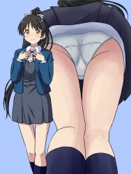 black_hair black_socks blue_background blue_dress blue_jacket bow commentary_request commission crotch_seam dress dress_shirt from_below hair_bow hands_on_own_chest hazuki_ren high_ponytail highres jacket kneehighs lielos light_blush long_hair long_sleeves love_live! love_live!_superstar!! mtu_virus multiple_views neck_ribbon panties partial_commentary pinafore_dress pixiv_commission pleated_dress ponytail red_ribbon ribbon school_uniform shirt short_dress simple_background sleeveless sleeveless_dress socks underwear upskirt white_panties white_shirt wing_collar yellow_eyes yuigaoka_school_uniform
