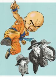 3boys absurdres bald bald_male beard black_eyes black_hair dragon_ball dragon_ball_(classic) facial_hair fighting_stance formal_clothes hat highres journal kicking kuririn martial_arts master_and_pupil multiple_boys muten_roushi newspaper official_art serious son_goku suitcase sunglasses surprised toriyama_akira