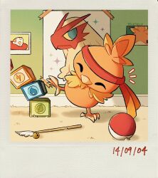 artist_name blaziken closed_eyes creatures_(company) dated drawing egg game_freak gen_3_pokemon headband highres indoors kicking meme nintendo no_humans photo_(object) poke_ball pokemon pokemon_(creature) red_headband sparkle teletelo torchic training